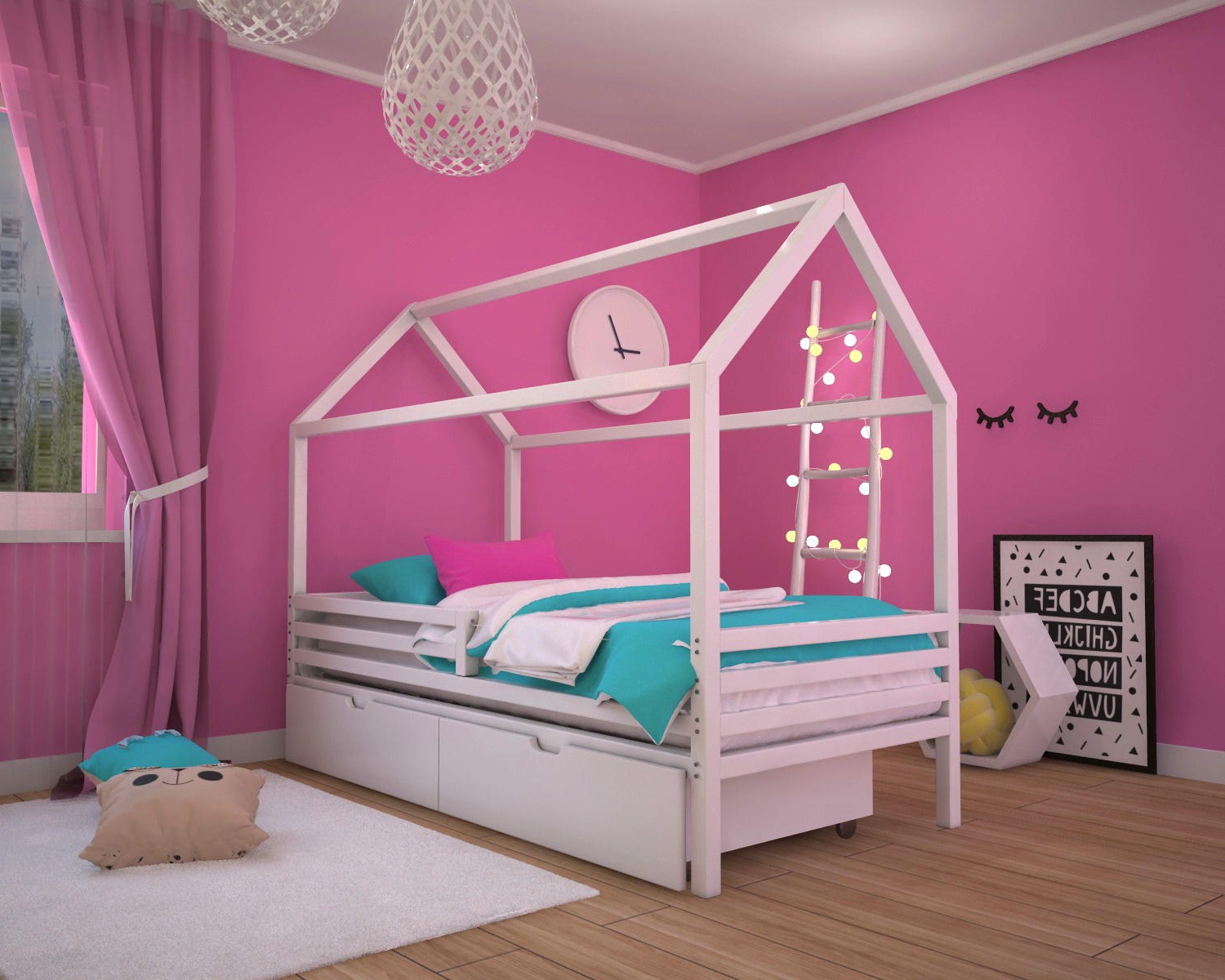 Белая детская кровать-домик в розовой комнате